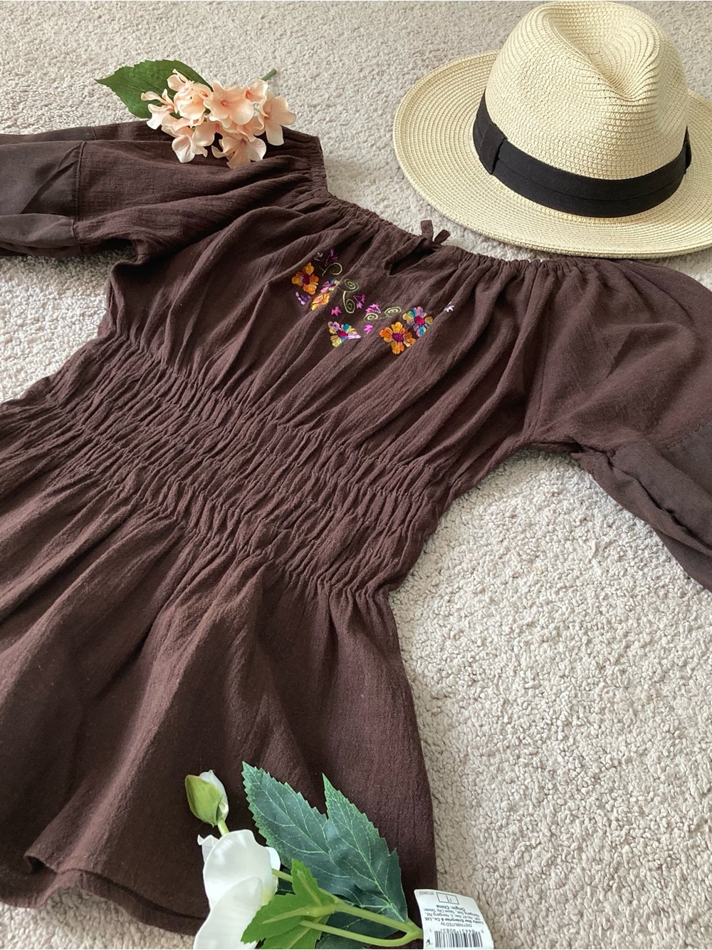 Smocked Peasant Top with Floral Embroidery - Chocolate Brown